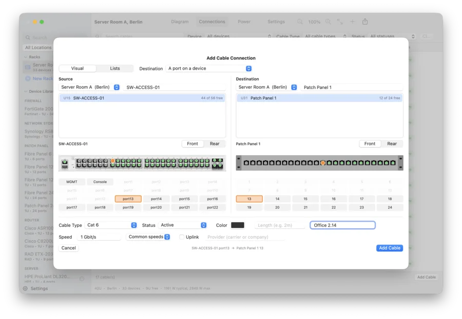 Add Cable Connection window: a switch and a patch panel as pictures, with one port selected on each