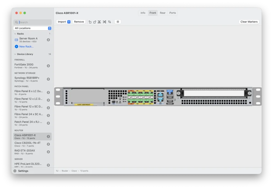 Device type editor: the front of a router with every port marked, and the device library on the left