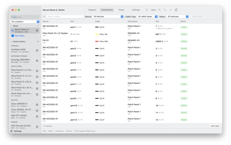 Connections tab: the cable list of a rack with source, port, cable type, destination and status