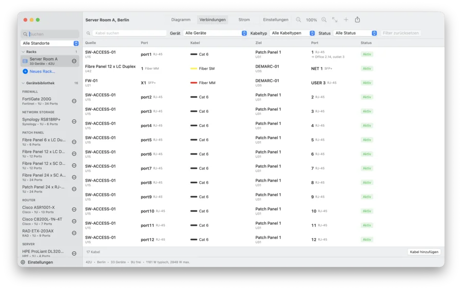 Reiter Verbindungen: die Kabelliste eines Racks mit Quelle, Port, Kabeltyp, Ziel und Status