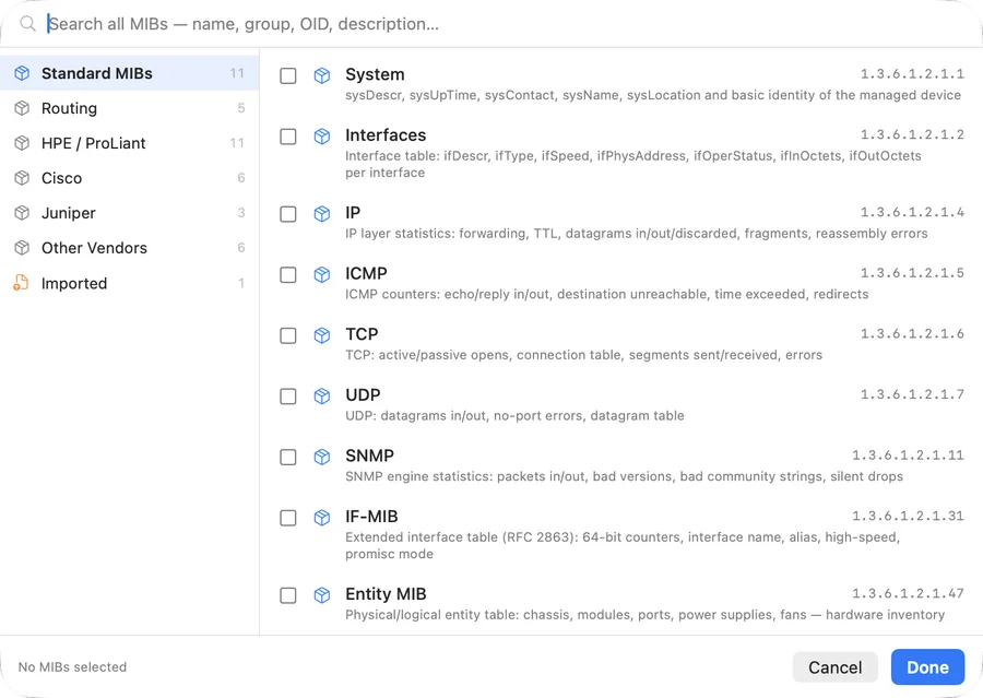 SNMP Explorer MIB picker listing the standard MIB groups System, Interfaces, IP, ICMP, TCP, UDP, SNMP, IF-MIB and Entity MIB
