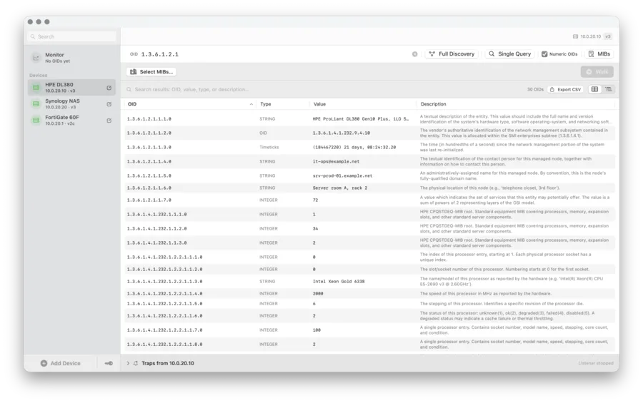 SNMP Explorer window: a walk of an HPE server listing OIDs, types and values