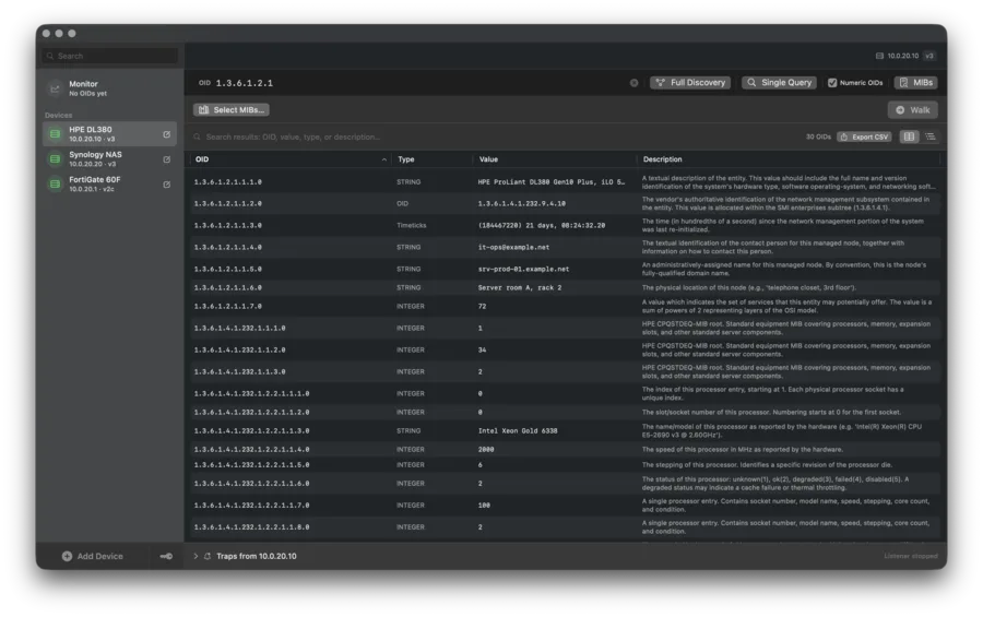 SNMP Explorer window: a walk of an HPE server listing OIDs, types and values