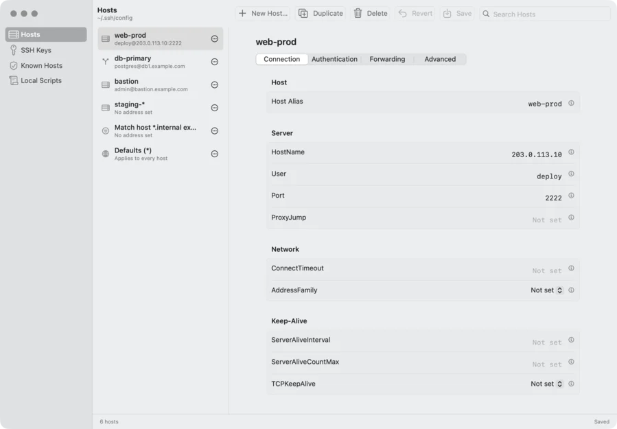 SSH Config Manager: the sidebar with Hosts, SSH Keys, Known Hosts and Local Scripts, the host list and the editor for one host