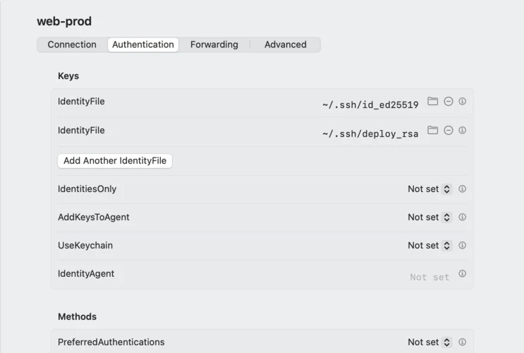 The Authentication tab for one host: two IdentityFile rows, an Add Another IdentityFile button, then IdentitiesOnly, AddKeysToAgent, UseKeychain and IdentityAgent