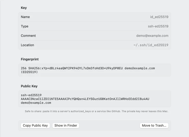 An SSH key with its name, type, comment, location, fingerprint and public key, and the buttons Copy Public Key, Show in Finder and Move to Trash