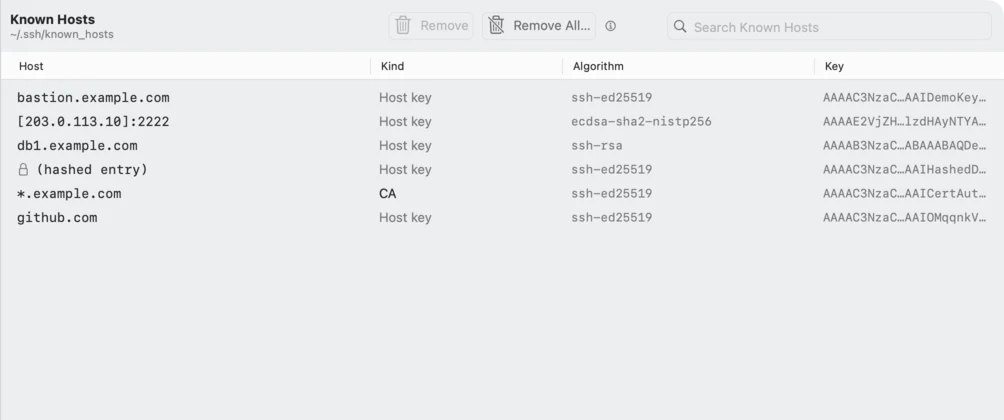 The Known Hosts table with host, kind, algorithm and key for six servers, and the Remove and Remove All buttons