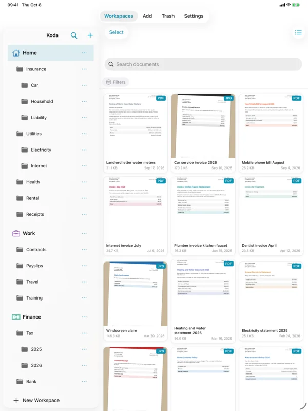 iPad: the sidebar with workspaces and categories on the left, document thumbnails on the right