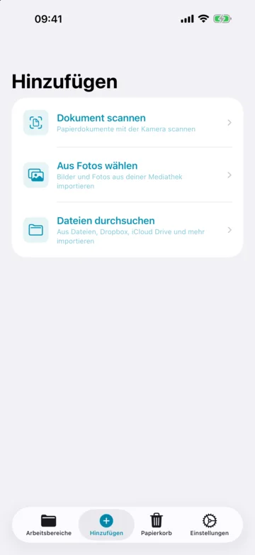 iPhone, Tab „Hinzufügen“ mit den Einträgen Dokument scannen, Aus Fotos wählen und Dateien durchsuchen