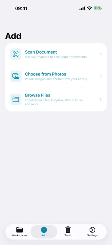 iPhone, Add tab with the entries Scan Document, Choose from Photos and Browse Files