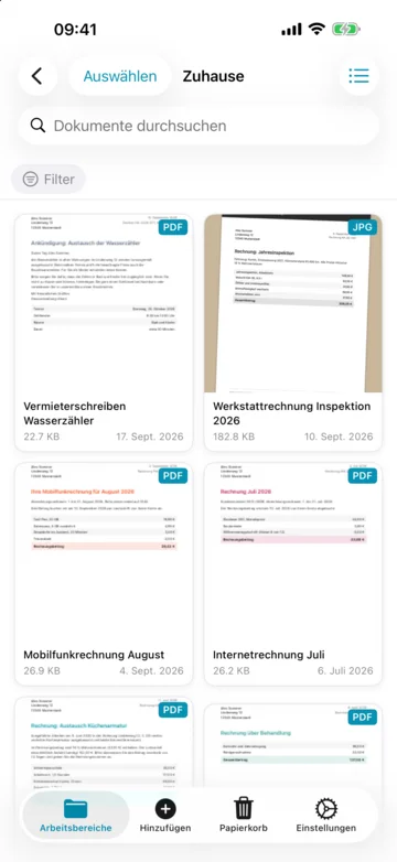 iPhone, Arbeitsbereich „Zuhause“ mit den Vorschaubildern der Dokumente