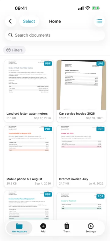 iPhone, the Home workspace with thumbnails of its documents