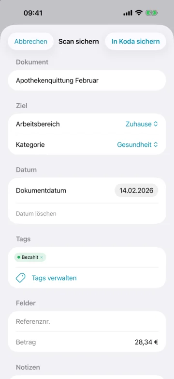 iPhone, Formular „Scan sichern“ mit Name, Arbeitsbereich, Kategorie, Dokumentdatum und Tags