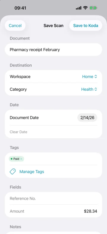 iPhone, Save Scan form with name, workspace, category, document date and tags