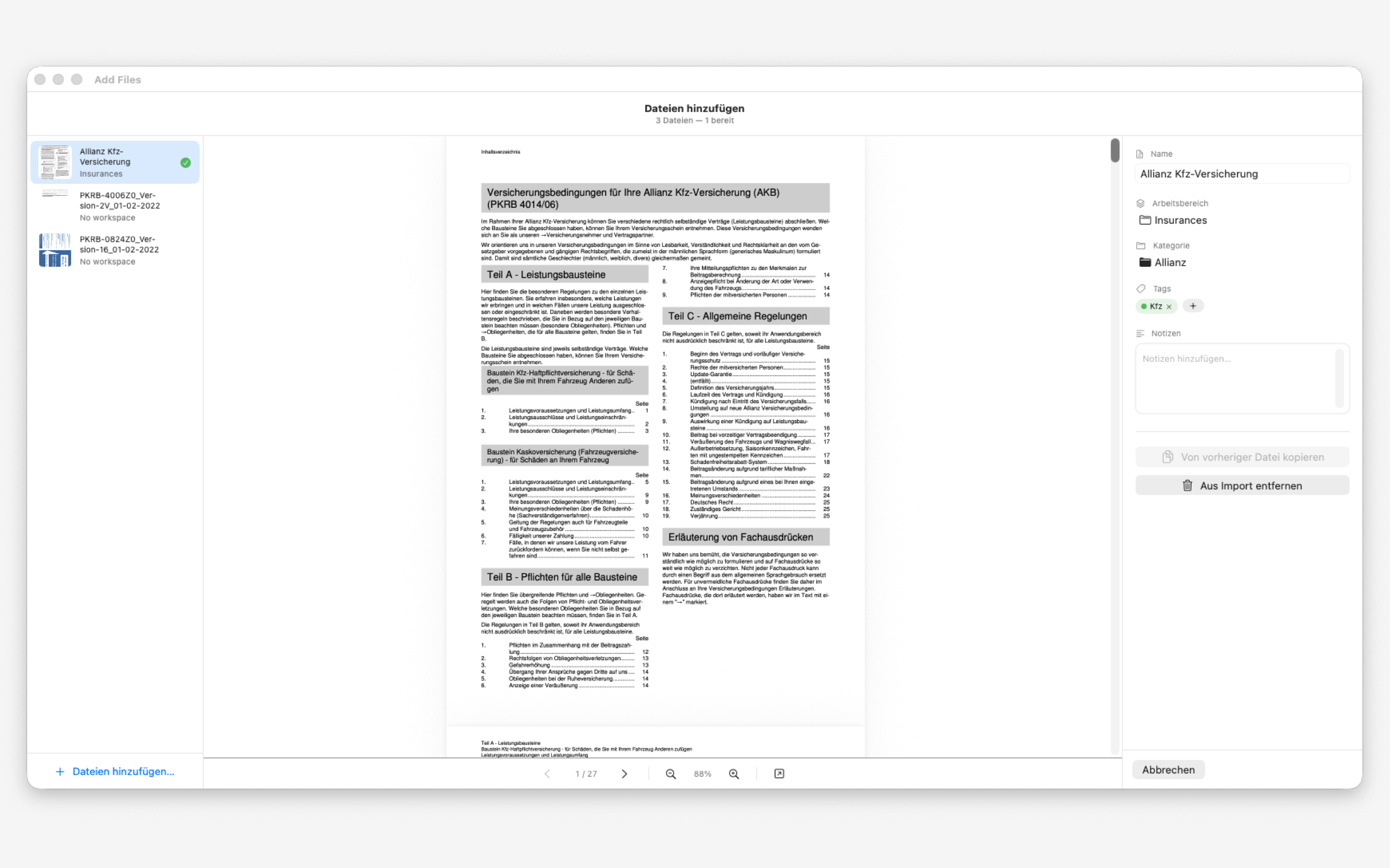Koda Import-Assistent mit Dateiliste und Metadaten-Panel