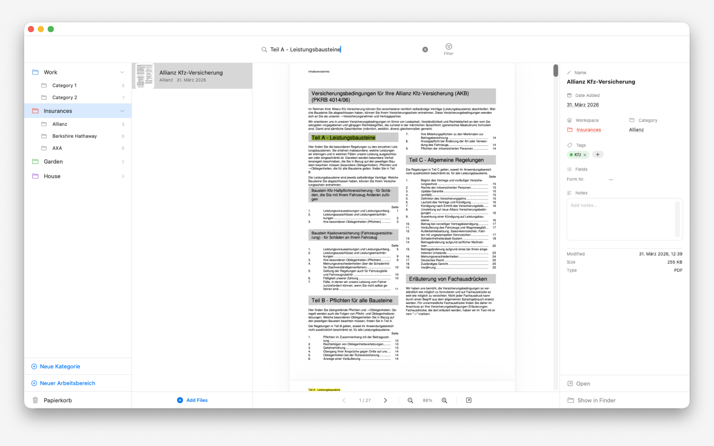 Koda full-text search with highlighted results in PDF preview