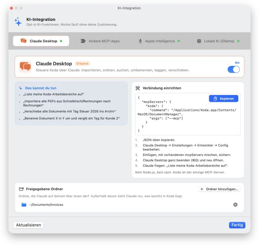 Fenster „KI-Integration“ auf dem Mac mit den Tabs Claude Desktop, Andere MCP-Apps, Apple Intelligence und Lokale KI (Ollama) und der Verbindungseinrichtung für Claude Desktop