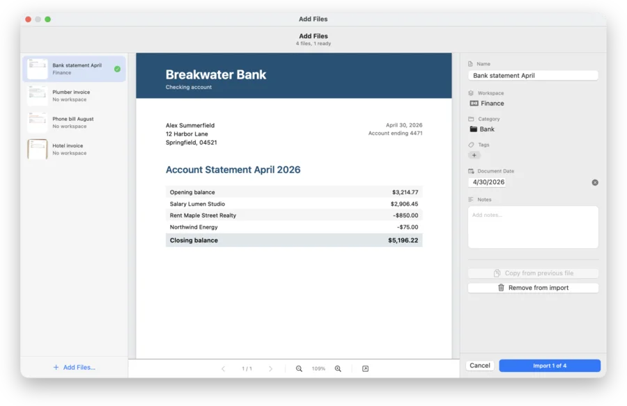 Add Files window: four files in the list, a bank statement in the preview, and name, workspace, category, tags and document date on the right