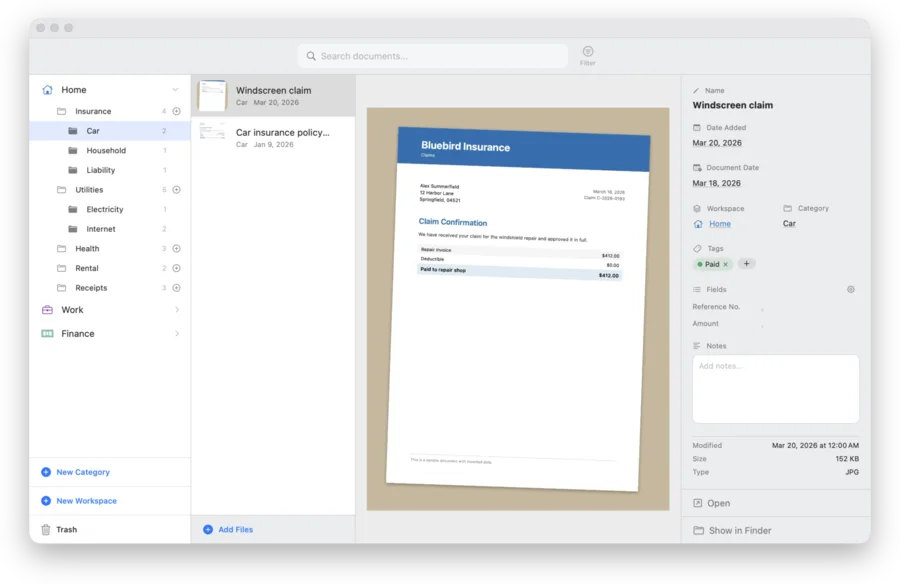 Koda on the Mac: the Car category with two documents, a photographed insurance letter in the preview and its details next to it