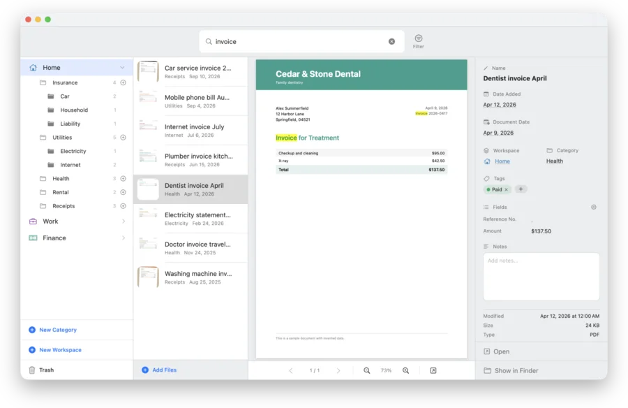 A search for "invoice" in Koda: the list of matches and the highlighted word in the open dentist invoice