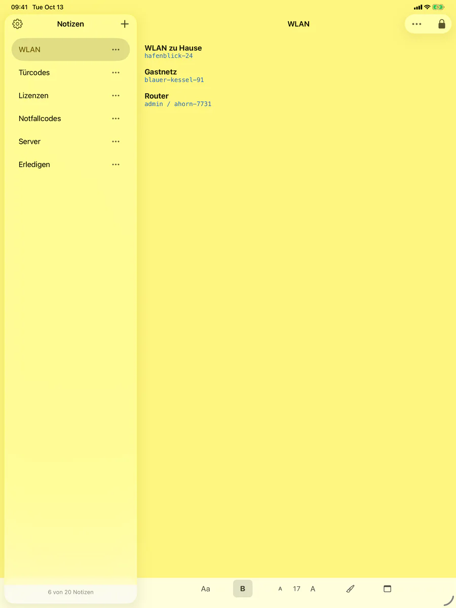Sticklock auf dem iPad: die Liste der Notizen neben der geöffneten Notiz „WLAN“