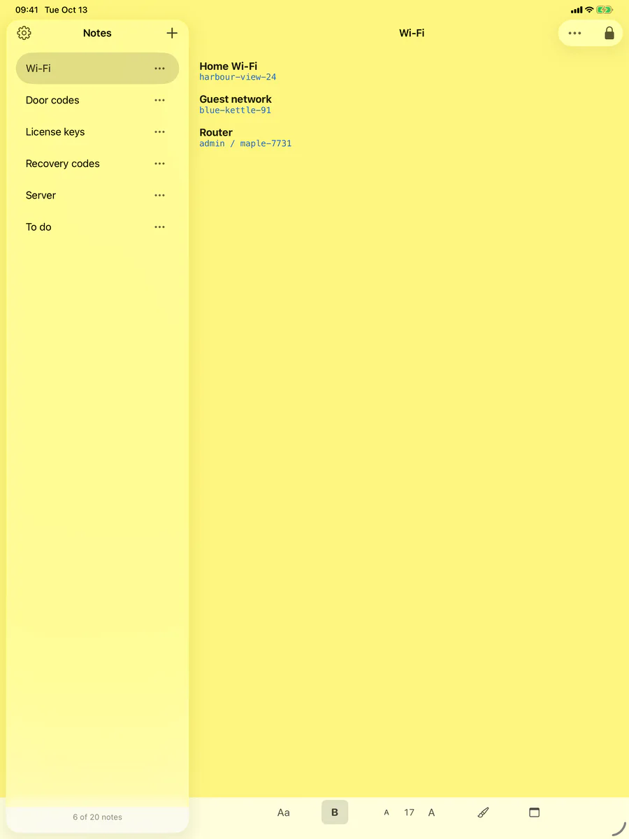 Sticklock on iPad: the list of notes beside the open Wi-Fi note