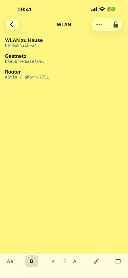 Die Notiz „WLAN“ auf dem iPhone, unten die Formatleiste mit Schriftart, Fett, Schriftgröße, Textfarbe und Papierfarbe