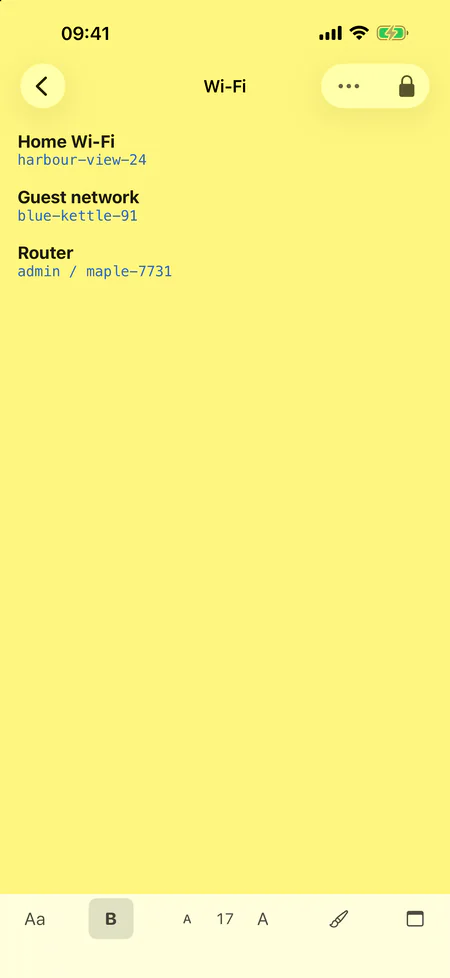The Wi-Fi note open on iPhone, with the format bar for font, bold, text size, text color and paper color at the bottom