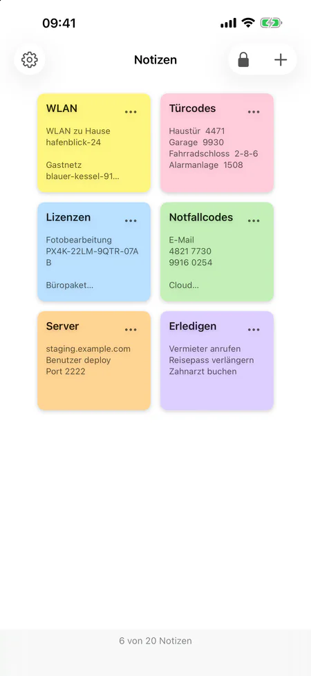 Sticklock auf dem iPhone: sechs Notizen als farbige Karten