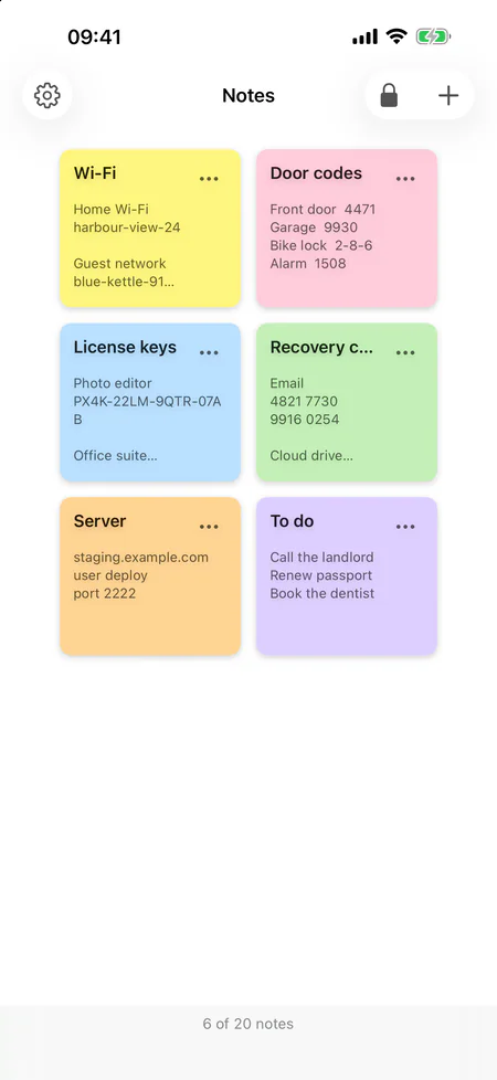 Sticklock on iPhone: six notes as colored cards