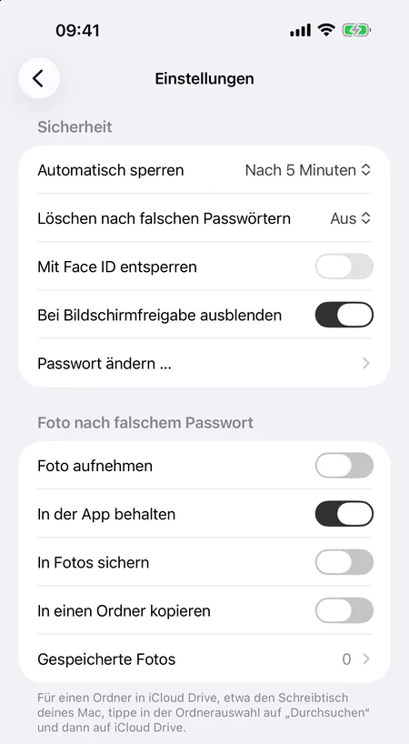 Sticklock-Einstellungen auf dem iPhone: Automatisch sperren, Löschen nach falschen Passwörtern, Face ID, Bildschirmfreigabe und die Foto-Optionen