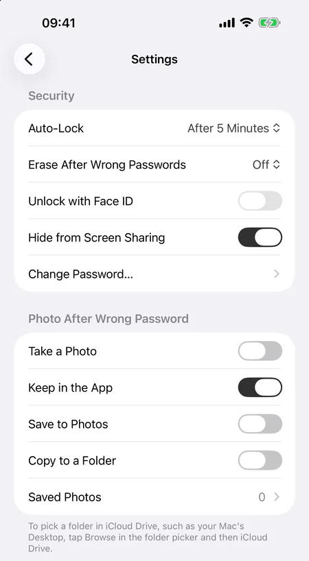 Sticklock Settings on iPhone: Auto-Lock, Erase After Wrong Passwords, Face ID, Hide from Screen Sharing and the photo options