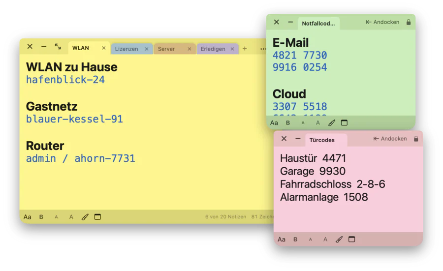 Sticklock auf dem Mac: das Hauptfenster mit vier Tabs und zwei herausgezogenen Notizen, „Notfallcodes“ und „Türcodes“, jede mit „Andocken“
