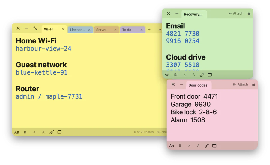 Sticklock on the Mac: the main window with four tabs and two notes pulled out, Recovery codes and Door codes, each with an Attach button