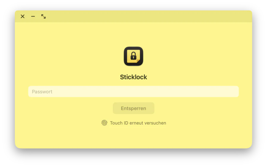 Gesperrtes Sticklock auf dem Mac: Passwortfeld, Entsperren und „Touch ID erneut versuchen“