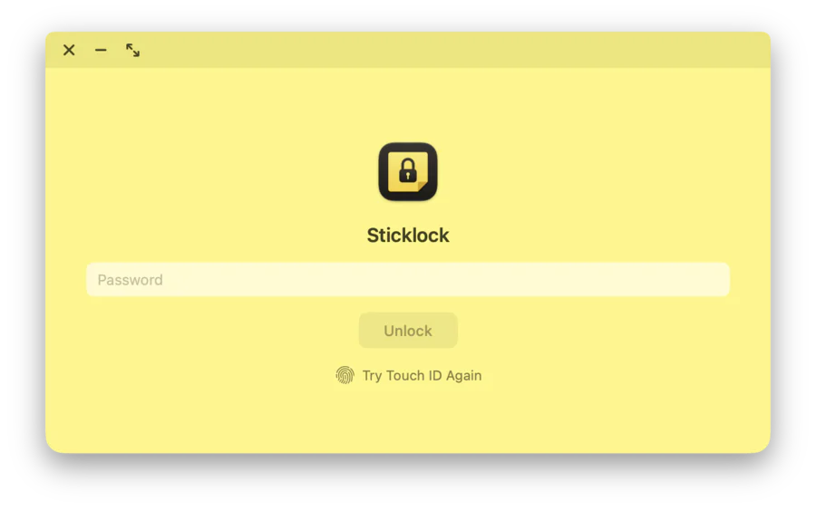 Sticklock locked on the Mac: password field, Unlock button and Try Touch ID Again