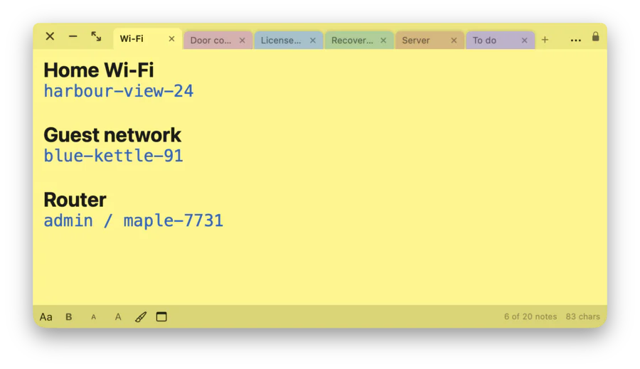 Sticklock window: a yellow note with six colored tabs and made-up Wi-Fi passwords
