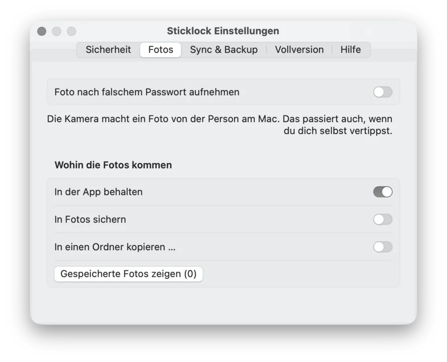 Sticklock-Einstellungen auf dem Mac, Reiter Fotos: „Foto nach falschem Passwort aufnehmen“ und wohin die Fotos kommen