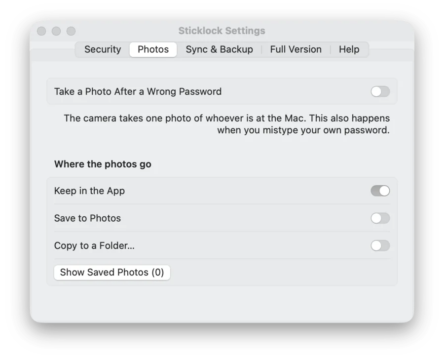 Sticklock Settings on the Mac, Photos tab: Take a Photo After a Wrong Password, and where the photos go